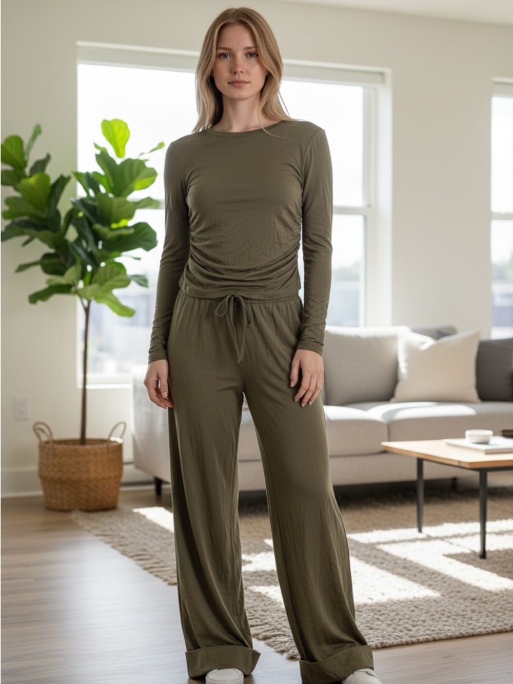 Women's Olive Drawstring Wide-Leg Jumpsuit